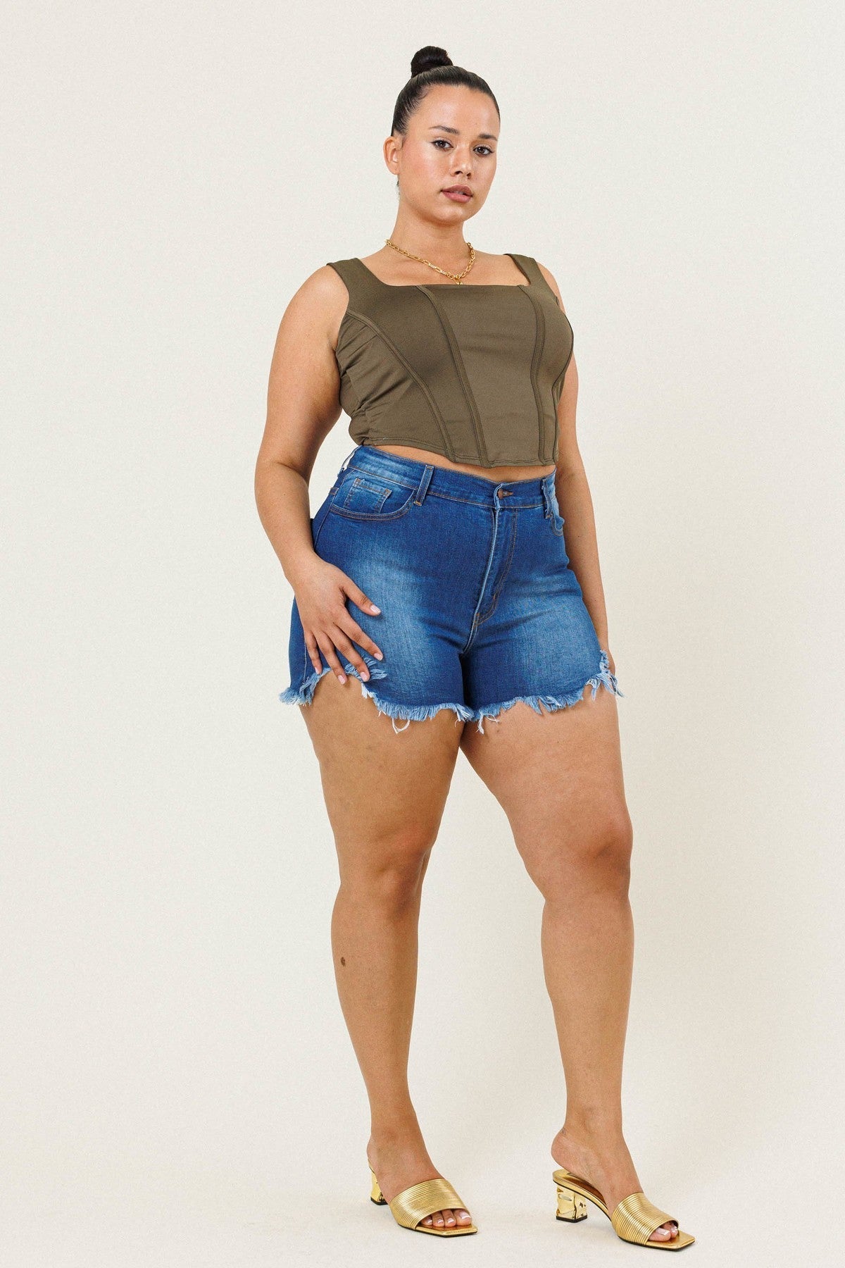 Plus Size Women Clothing Multi Layer Frayed Denim Shorts Color